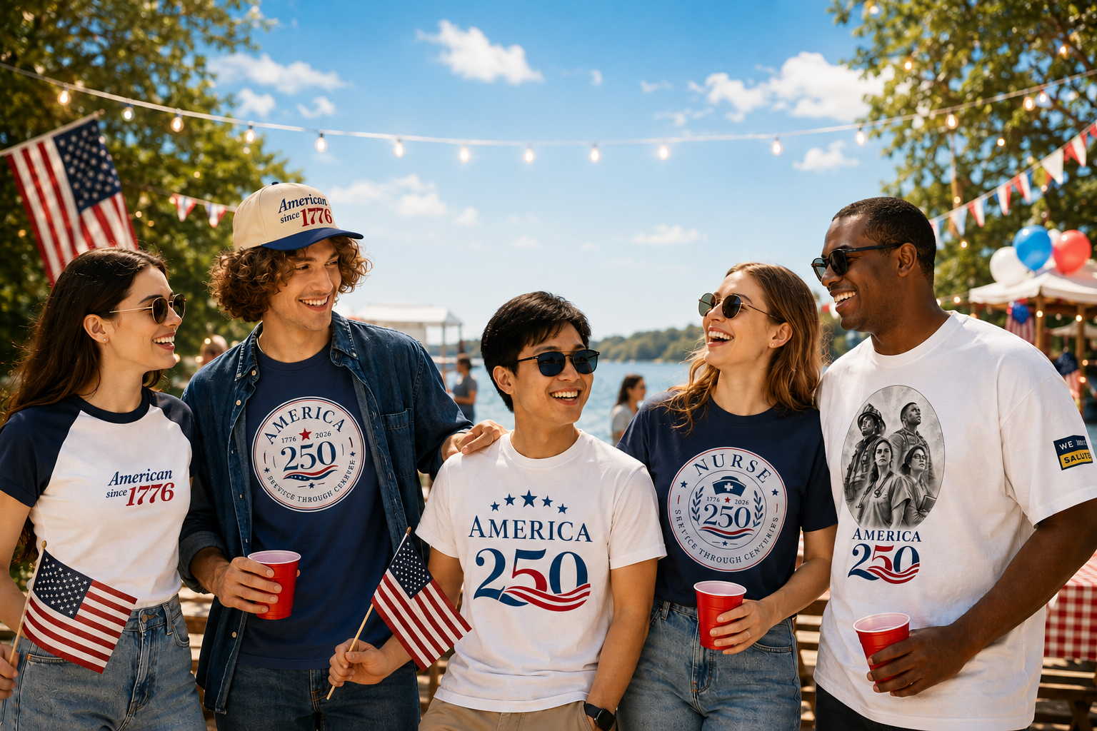 Group of friends wearing 'America 250' t-shirts at a outdoor event with American flags.